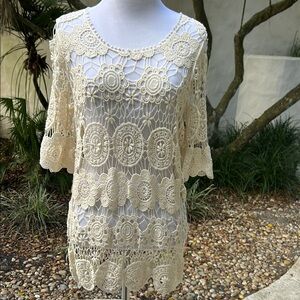 Cream Crochet Lace Blouse with 3/4 Sleeves